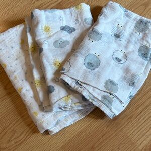 Muslin Baby Swaddle Set - Gray & Yellow Cloud and Sun Prints